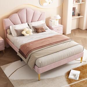 King Size Velvet Upholstered Bed with Shell-Like Headboard and Golden Iron Legs, Adjustable Height, Wood Slatted Frame, 155x205X120cm, Pink Aosom.UK