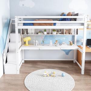 Children's Loft Bed with Storage Stairs and Large Desk, Kids Bed with Storage and Shelves, Kids Bedroom Furniture, 242x94x174 cm, White Aosom.UK