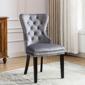 Set of 2 Velvet Fabric Dining Chairs with Oak Legs, Button Tufting and Chrome Knocker, Modern Upholstered Kitchen Chairs, 53x54x97 cm, Gray Aosom.UK