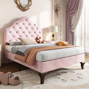 Single Velvet Fabric Upholstered Bed with Adjustable Headboard and Wooden Slat Support, Modern Bedroom Furniture, 90x193x124 cm, Pink Aosom.UK