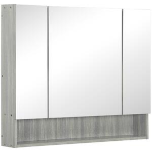 Kleankin Bathroom Mirror Cabinet, Wall Mounted Storage Cabinet, 3 Upper Spaces, 3 Doors and 1 Bottom Shelf, 75H x 90W x 15Dcm, Grey Aosom UK