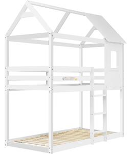 Children's Bunk Bed with Convertible Ladder and Window, Solid Pine Wood Twin Sleeper, Safety Certified, Folding Bed, 198x94x221 cm, White