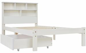 Single Wooden Storage Bed with Built-in Shelves and Underbed Drawer, Pinewood and MDF, 208x100x93 cm, White