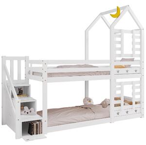 Children's Cabin Bunk Bed with Storage, Solid Pine Wood Twin Sleeper with Built-in Staircase Cupboards and Underbed Drawers, 235x97x217 cm, White