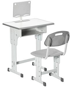 HOMCOM Kids Desk and Chair Set, Height Adjustable Study Table Set with Storage Drawer, Book Stand, Cup Holder, Pen Slot, Grey