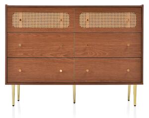Rattan Sideboard Storage Cabinet with 6 Drawers, Vintage Walnut Finish, Rounded Corners, Metal Legs, 120x40x90 cm, Walnut
