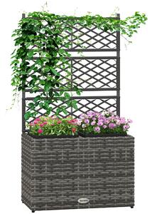 Outsunny 22L Garden PE Rattan Planter w/ Trellis, Free Standing Flower Raised Bed w/ 2 Plant Boxes for Climbing Plants, 57x30x107 cm, Mixed Grey