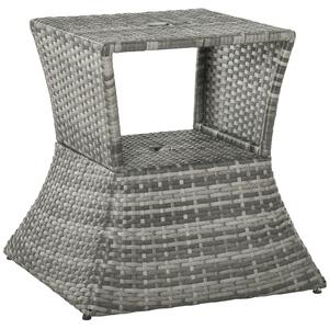 Outsunny Outdoor Patio Rattan Wicker Coffee Table Bistro Side Table w/ Umbrella Hole and Storage Space, Grey