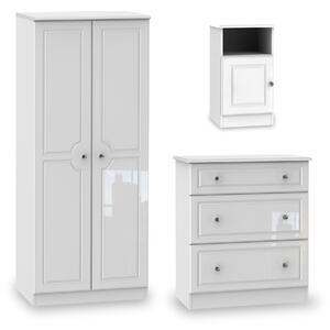 Kinsley White Gloss 3 Piece Bedroom Set inc Bedside, Storage Chest & Wardrobe | Roseland Furniture
