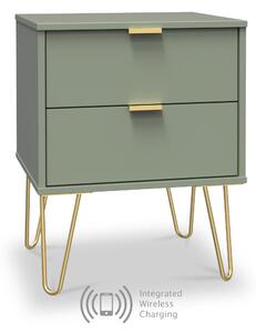 Moreno Olive Green Wooden Wireless Charging 2 Drawer Bedside with Gold Hairpin Legs | Roseland Furniture