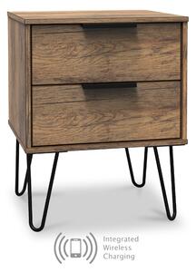 Moreno Rustic Oak Wooden Wireless Charging 2 Drawer Bedside with Black Hairpin Legs | Roseland Furniture