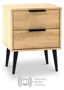 Asher Light Oak Wooden Wireless Charging 2 Drawer Bedside with Black Legs | Roseland Furniture