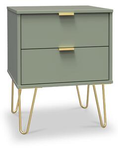 Moreno Olive Green 2 Drawer Wooden Bedside Table with Gold Hairpin Legs | Roseland Furniture