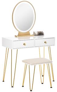 HOMCOM Dressing Table Set with LED Light, Round Mirror, Vanity Makeup Table with 2 Drawers and Cushioned Stool for Bedroom, White