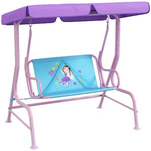 Outsunny 2 Seater Kids Garden Swing Fairy Themed Kids Swing Chair with Adjustable Canopy, Safety Belts for Park Porch Poolside