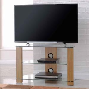 Alpine 600mm Wooden Corner TV Stand With 2 Glass Shelves - Oak