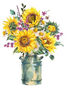 Photography Watercolor rustic farmhouse sunflower bouquet, vintage, Varvara Kurakina