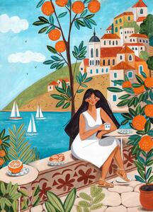 Art Print Travel poster woman in Mediterranean coast, Caroline Bonne Muller