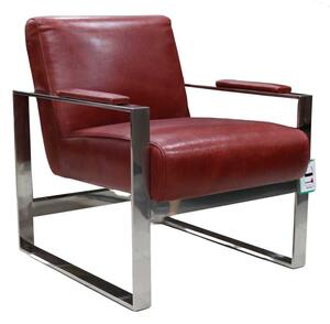 Art Deco Handmade Distressed Rouge Red Leather and Stainless Steel Armchair In Stock