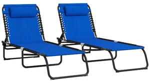 Outsunny 2 Pcs Folding Sun Lounger Beach Chaise Chair Garden Cot Camping Recliner with 4 Position Adjustable Blue Aosom UK