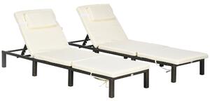 Outsunny Rattan Sun Loungers Set of 2 with 5-Level Adjustable Backrest, Wicker Lounge Chairs with Padded Cushion and Headrest for Outdoor, Poolside, Garden, Cream White