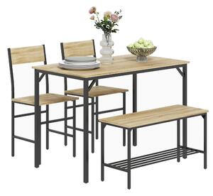HOMCOM Dining Room Sets with 2 Chairs and a Bench, Dining Table and Chairs Set with Steel Frame and Storage Layer, Natural Wood Aosom UK