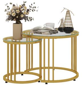 HOMCOM Round Coffee Tables Set of 2, Nesting Tables with Tempered Glass Top and Steel Frame, 60cmx60cmx47cm, Gold Tone