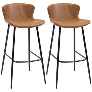 HOMCOM Bar Stools Set of 2, PU Leather Upholstered Bar Chairs, Kitchen Stools with Backs and Steel Legs for Dining Room, Brown