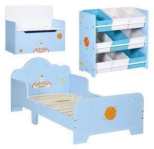 ZONEKIZ 3PCs Kids Bedroom Furniture Set with Bed, Toy Box Bench, Storage Unit with Baskets, Space Themed, for 3-6 Years Old, Blue