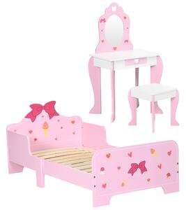 ZONEKIZ 3PCs Kids Bedroom Furniture Set with Bed, Dressing Table and Stool, Princess Themed, for 3-6 Years Old, Pink