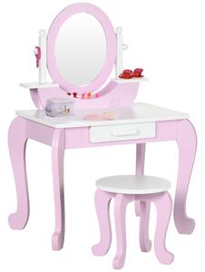 ZONEKIZ Kids Dressing Table Set Kids Vanity Set Girl Makeup Desk with Mirror Stool Drawer Round Legs for 3-6 Years Old, Pink