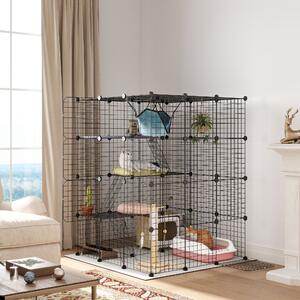 PawHut Steel Wire Cat Cage Indoor with Hammock, Ramps, Doors, DIY Cat Enclosure for 1-3 Cats, Black