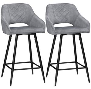HOMCOM Set of 2 Bar stools With Backs, Velvet-Touch Fabric Counter Height Bar Chairs, Kitchen Stools with Steel Legs for Dining Area, Grey