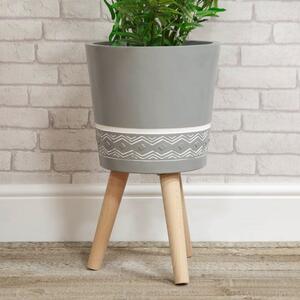 Country Living Ornate Half Patterned Grey Plant Pot with Wooden Legs