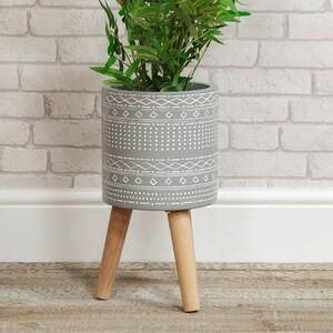 Country Living Ornate Patterned Grey Plant Pot with Wooden Legs