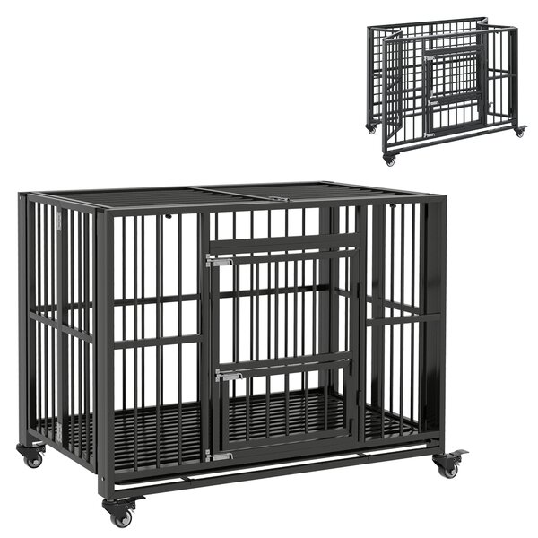 PawHut Durable Dog Crate, 43" Foldable Cage, Top Opening, Lockable, Removable Tray, Wheels, Black Aosom UK