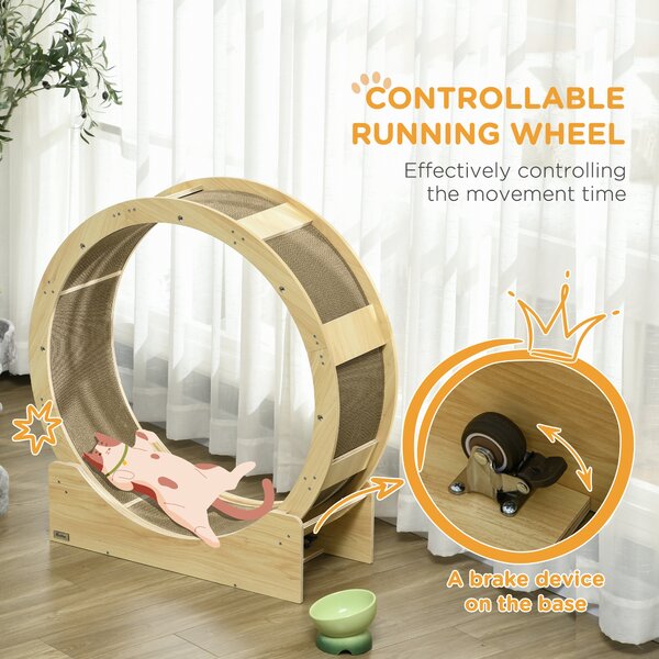 PawHut Cat Wheel with Brake, Scratching Pads, Oak Aosom UK