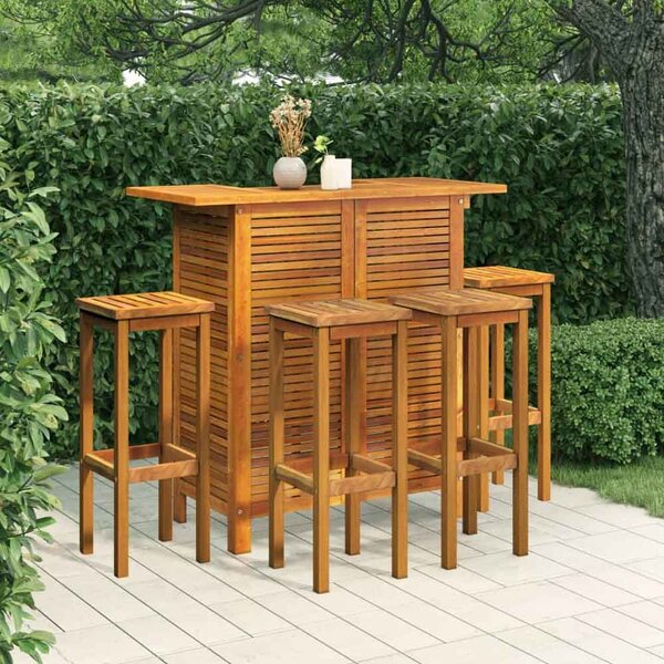 Evaril Garden Acacia Wood Bar Table with 4 Square Stools in Brown