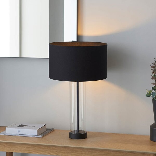 Laurel Glass Fabric Drum Shade Table Lamp In Matt Black