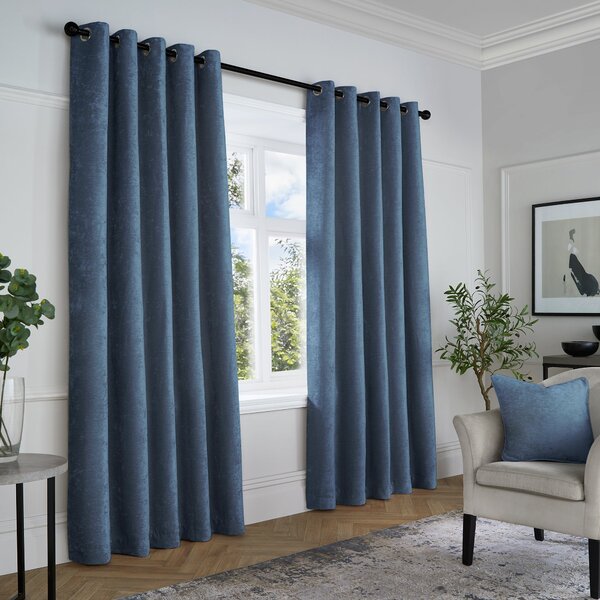 Textured Chenille Ready Made Eyelet Curtains Navy