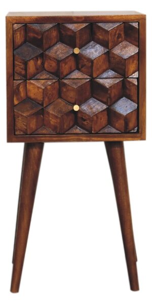 Mini Chestnut Cube Carved 2 Drawer Bedside Table