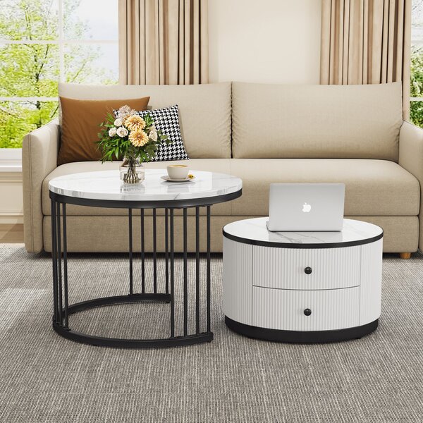 High Gloss Round Nesting Coffee Table Set with Marble Pattern Top and Storage Drawers, Modern Centre Table for Living Room, White+Black Aosom.UK