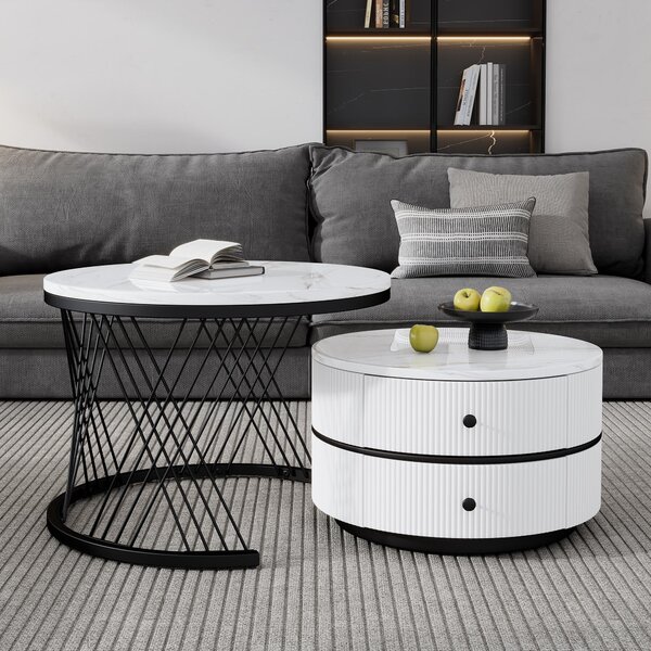 2 Piece Versatile High Gloss Round Nesting Coffee Table Set with Marble-Effect Top, Living Room Tables with Storage Drawers, White+Black Aosom.UK