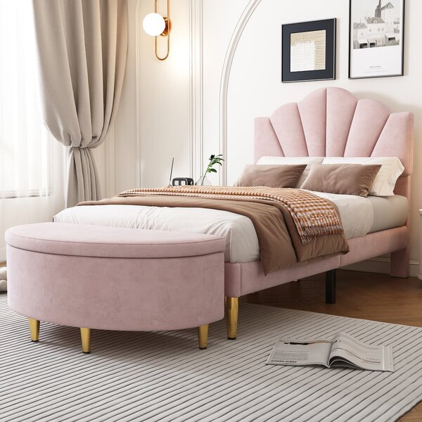 Velvet Upholstered Bed with Hydraulic Storage Bench, Adjustable Headboard and Golden Iron Legs, Soft Bed with Ottoman, 95x195x130 cm, Pink Aosom.UK