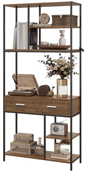 HOMCOM Seven-Shelf Industrial Display Shelf, with Drawers - Brown/Black