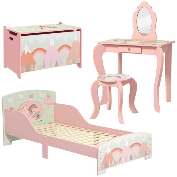 ZONEKIZ Kids Bedroom Furniture Set Includes Bed Frame, Toy Chest, Dressing Table for Ages 3-6 Years, Pink Aosom UK