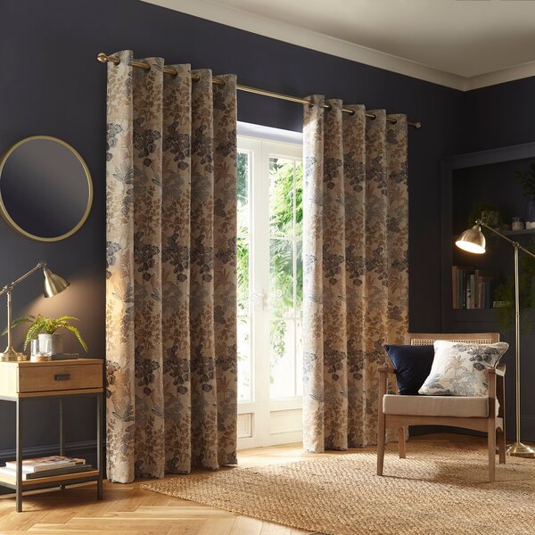 Folk Tree Blue Eyelet Curtains Blue