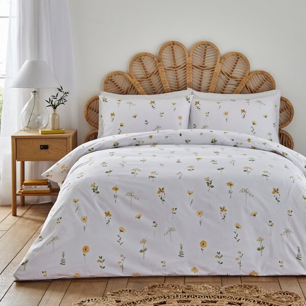 Pressed Floral Yellow 100% Cotton Duvet Cover and Pillowcase Set Yellow/White/Green
