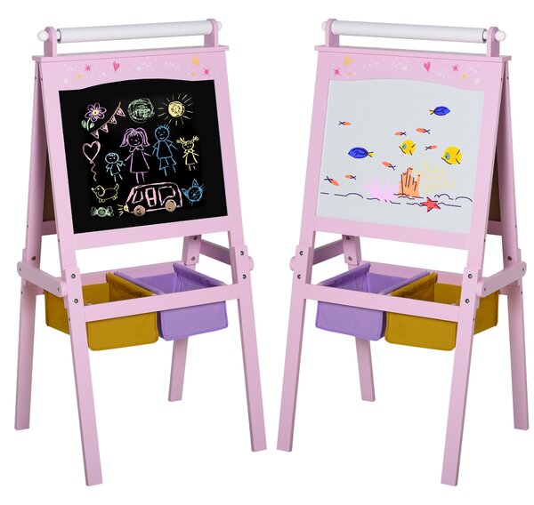 HOMCOM 3 In 1 Kids Wooden Art Easel w/ Paper Roll Double-Sided Chalkboard & Whiteboard w/ Storage Baskets Gift for Kidsl Age 3 Years+ Pink Aosom UK