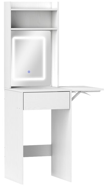 HOMCOM Small Vanity Desk with Mirror and LED Lights, Compact Dressing Table with Drop Leaf, Open Shelves and Drawer, White